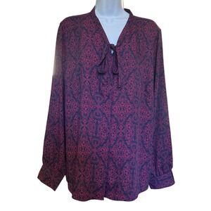 Chicos L/S Button Up Neck Tie Blouse Womens Size 3 Blue and Red Shirt Top